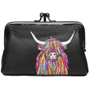 Yoshi Highland Cow Black Leather Triple Frame Purse