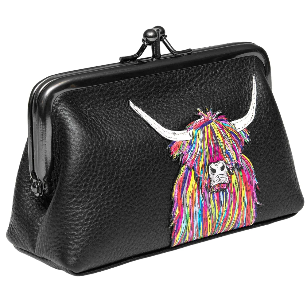 Yoshi Highland Cow Black Leather Triple Frame Purse