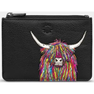 Yoshi Highland Cow Zip Top Black Leather Purse