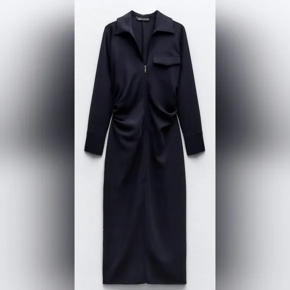 ZARA NAVY BLUE ZIPPERED SHIRTDRESS MIDI XS