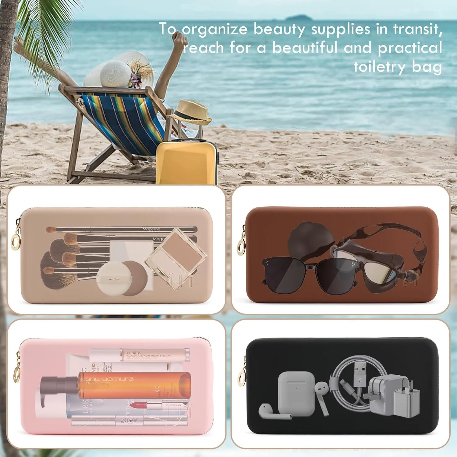 Zipper Makeup Brushes Bag for Travel, Large Silicone Makeup Brush Holder, Make up Brushes Pouch Case for Makeup Tools - Khaki