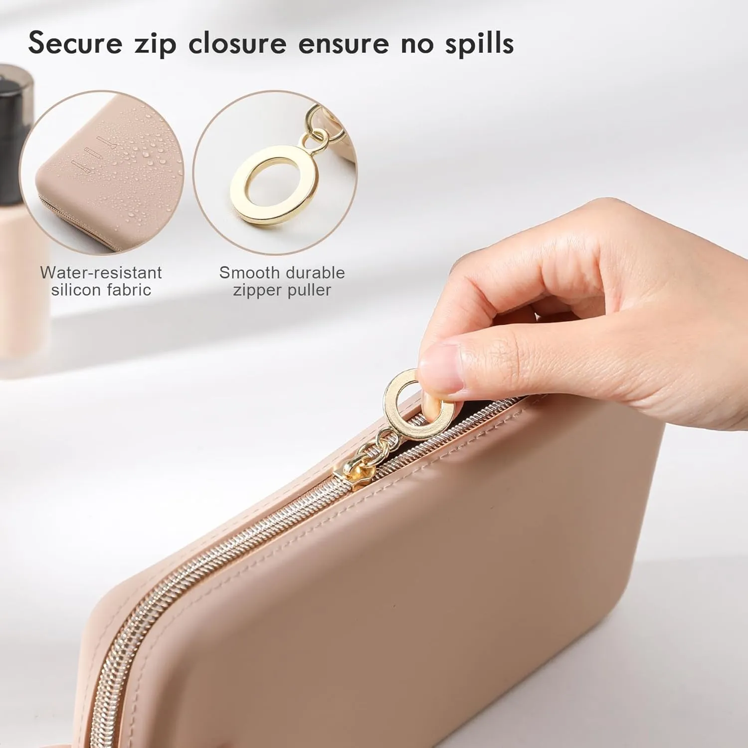 Zipper Makeup Brushes Bag for Travel, Large Silicone Makeup Brush Holder, Make up Brushes Pouch Case for Makeup Tools - Khaki