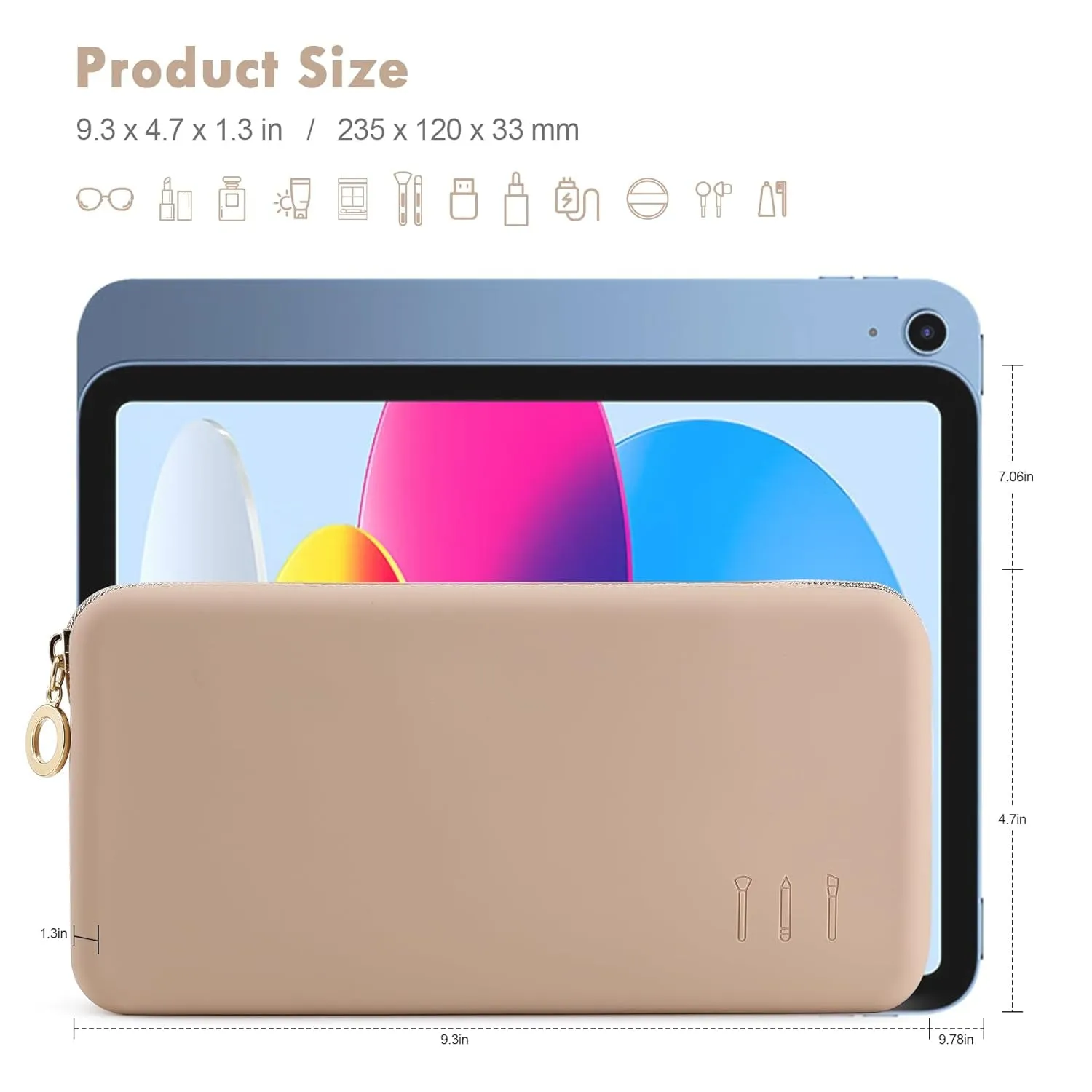 Zipper Makeup Brushes Bag for Travel, Large Silicone Makeup Brush Holder, Make up Brushes Pouch Case for Makeup Tools - Khaki