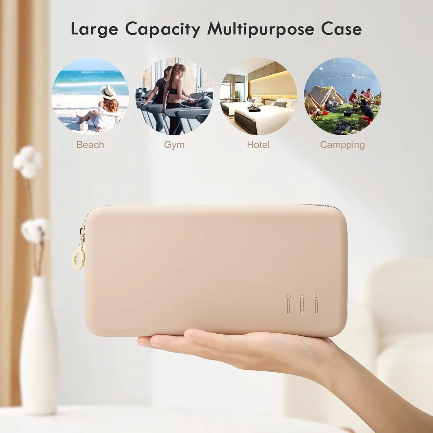 Zipper Makeup Brushes Bag for Travel, Large Silicone Makeup Brush Holder, Make up Brushes Pouch Case for Makeup Tools - Khaki